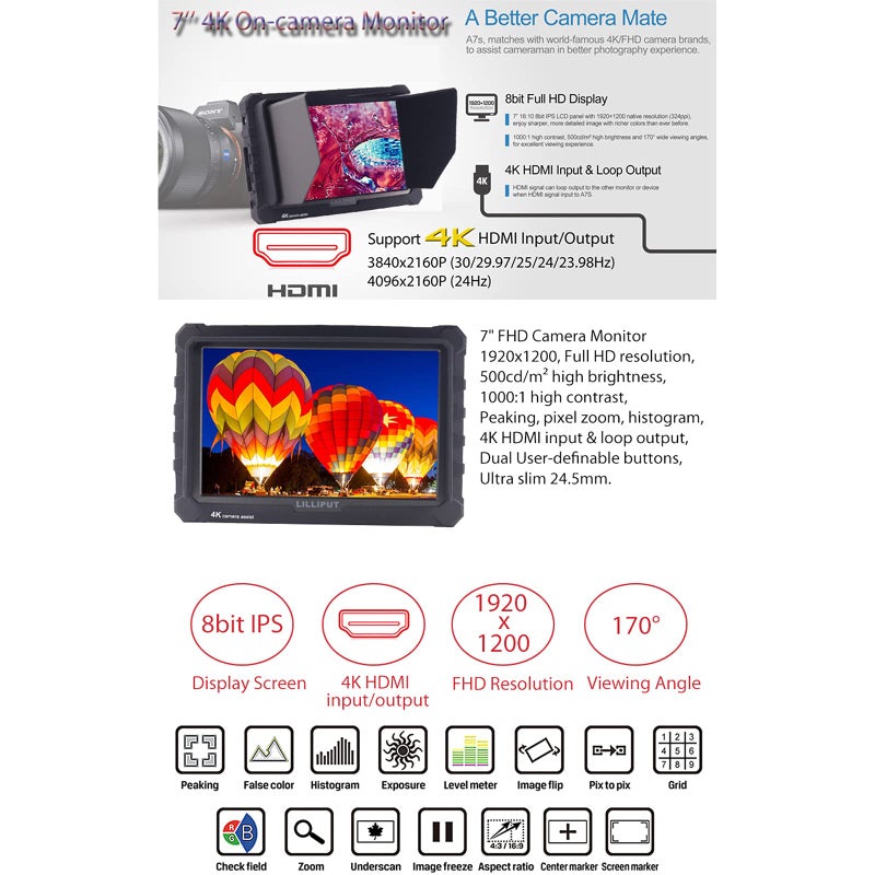 LILLIPUT A7S 7" 1920x1200 IPS Screen Camera Field Monitor 4K HDMI Input Output Video for DSLR Mirrorless Camera Sony A7S II A6500 Panasonic GH5 Canon 5D Mark IV DJI Ronin M Black VIVITEQ Exclusively - Image 5